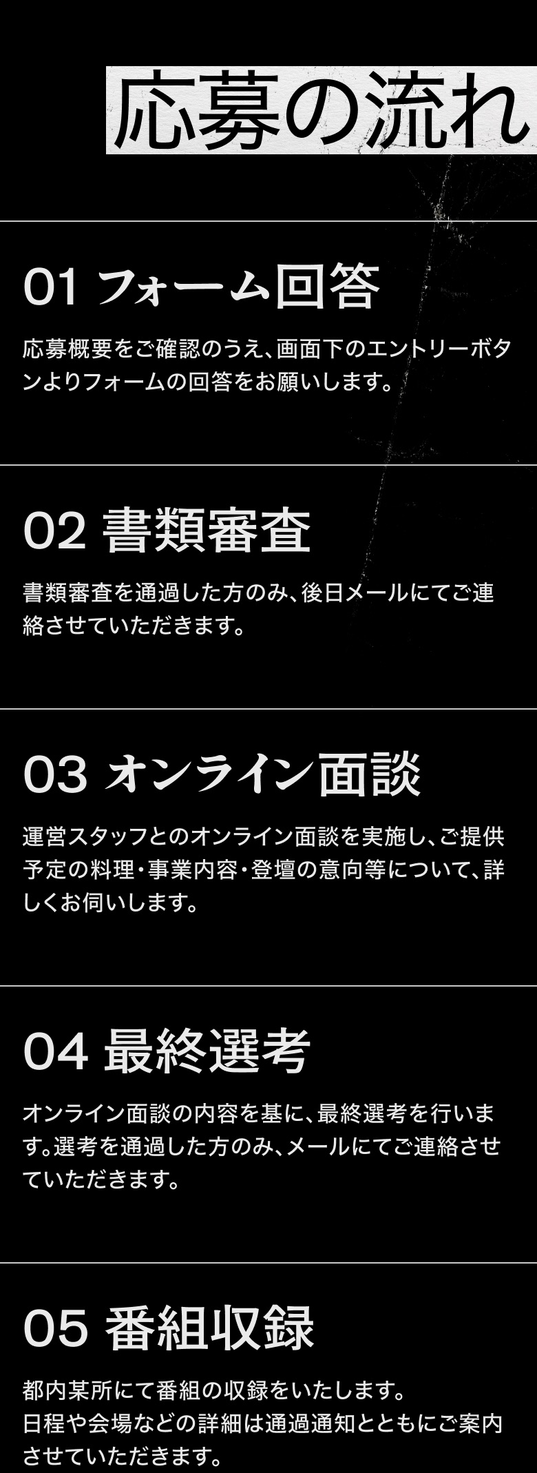 応募の流れ 01フォーム回答・02書類審査・03オンライン面談・04最終選考・05番組収録